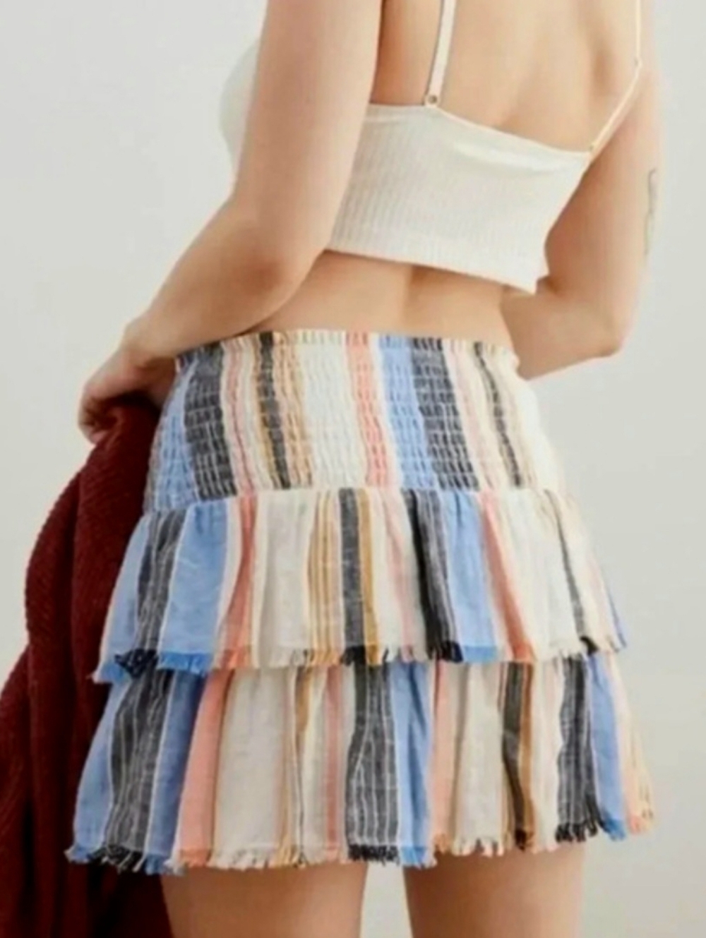 aerie Pastel Multi-Stripe Tiered Mini Skirt With Smocked Waist Beach Boho